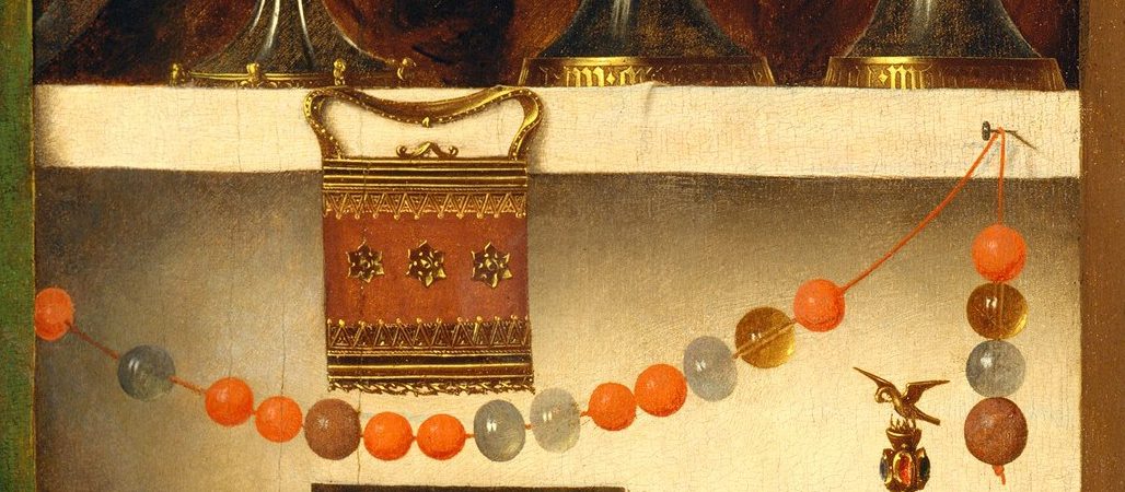 Detailed 15th-century Flemish painting of a red embroidered purse with golden stars hanging next to a colorful string of prayer beads on a wooden wall.