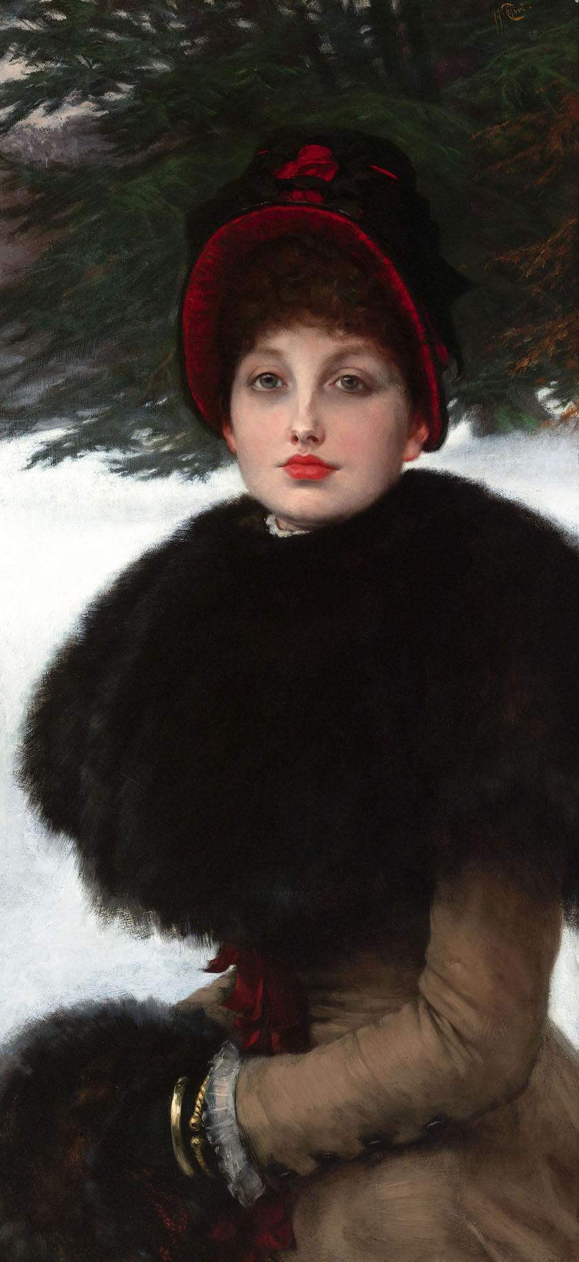 Realist oil painting A Winterโs Walk by James Tissot showing an elegant woman in a thick black fur cape and hat against a snowy forest background.