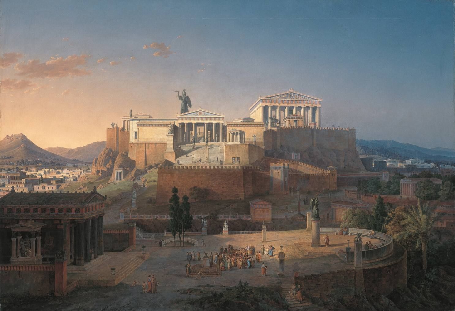 Leo von Klenze's Neoclassical painting showing a detailed reconstruction of the Athenian Acropolis with the Parthenon and grand temples under a sunset sky.