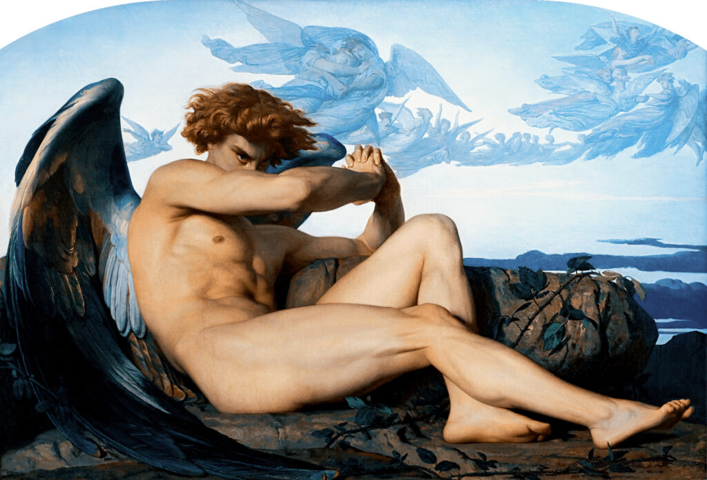 Alexandre Cabanel's painting The Fallen Angel, showing a muscular, seated Lucifer with dark wings, covering part of his face while staring with a tearful and defiant gaze.