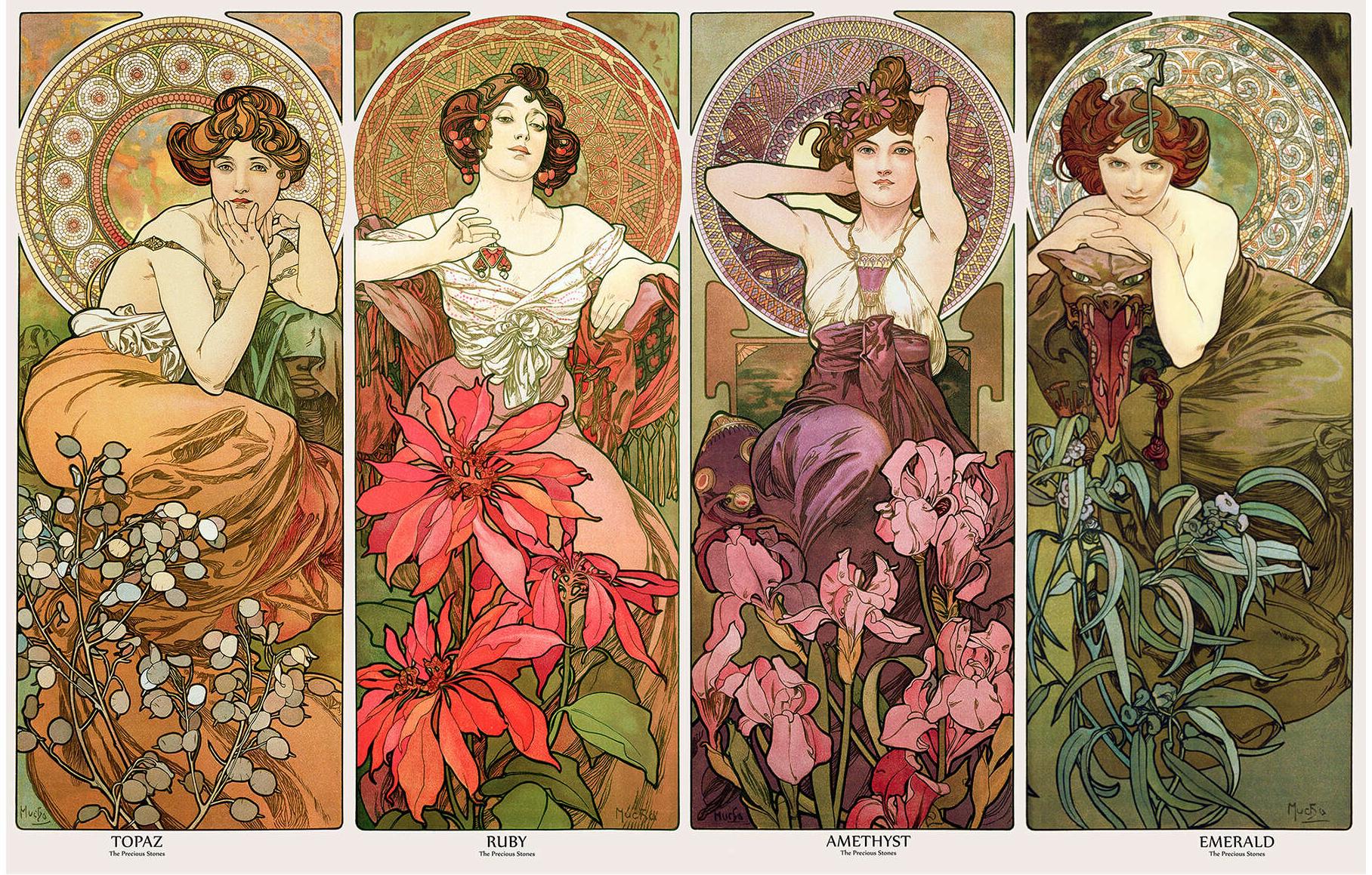Alphonse Mucha's Art Nouveau decorative panels titled The Precious Stones, featuring four women representing Topaz, Ruby, Amethyst, and Emerald with floral backgrounds.