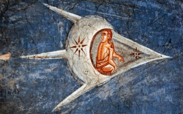 Detail of a 14th-century Byzantine fresco from Visoki Deฤani Monastery showing a person inside a star-shaped, aerodynamic flying object resembling a modern spacecraft.