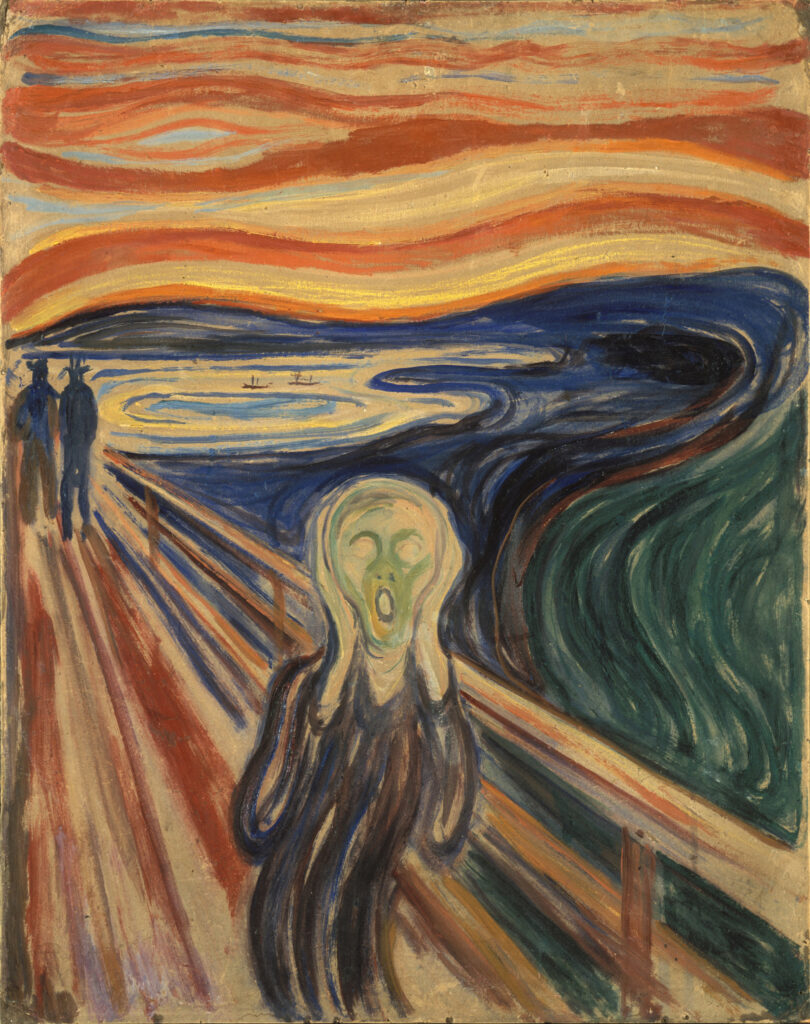Edvard Munch's famous painting The Scream, showing a skeletal figure holding its face and screaming on a bridge under a swirling orange and red sky.