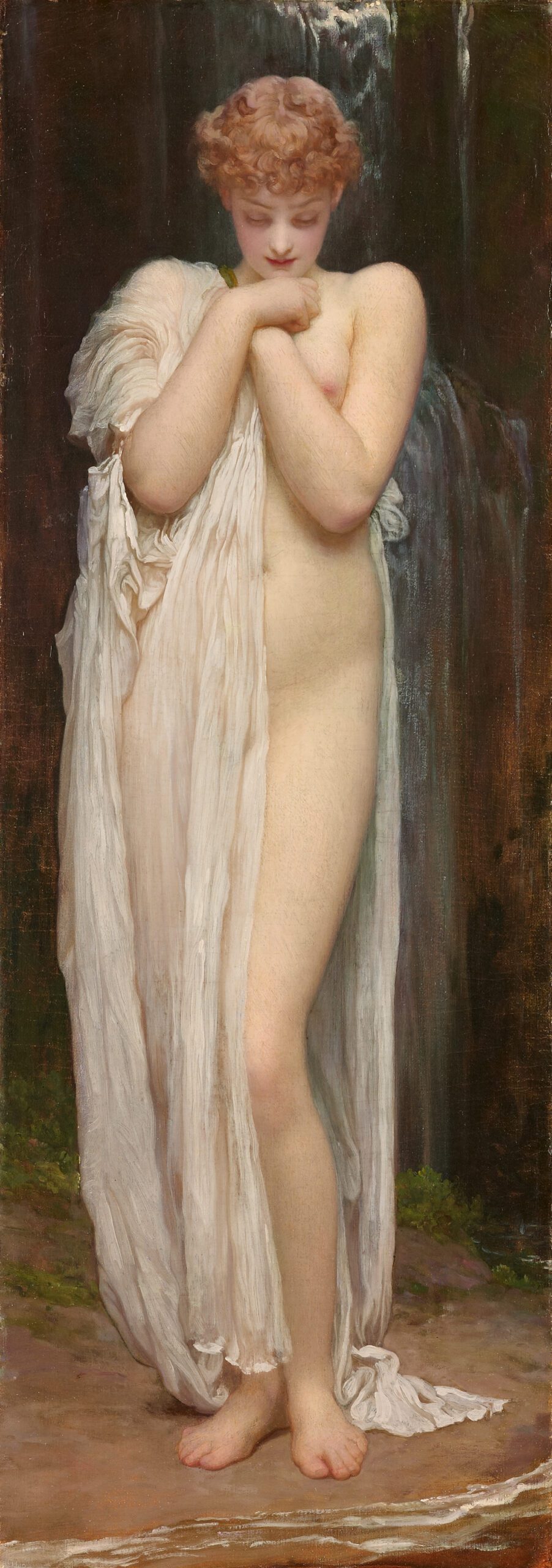 Victorian painting Crenaia by Frederic Leighton, showing a standing female nymph holding a voluminous, white draped cloth with deep vertical folds against a dark background.