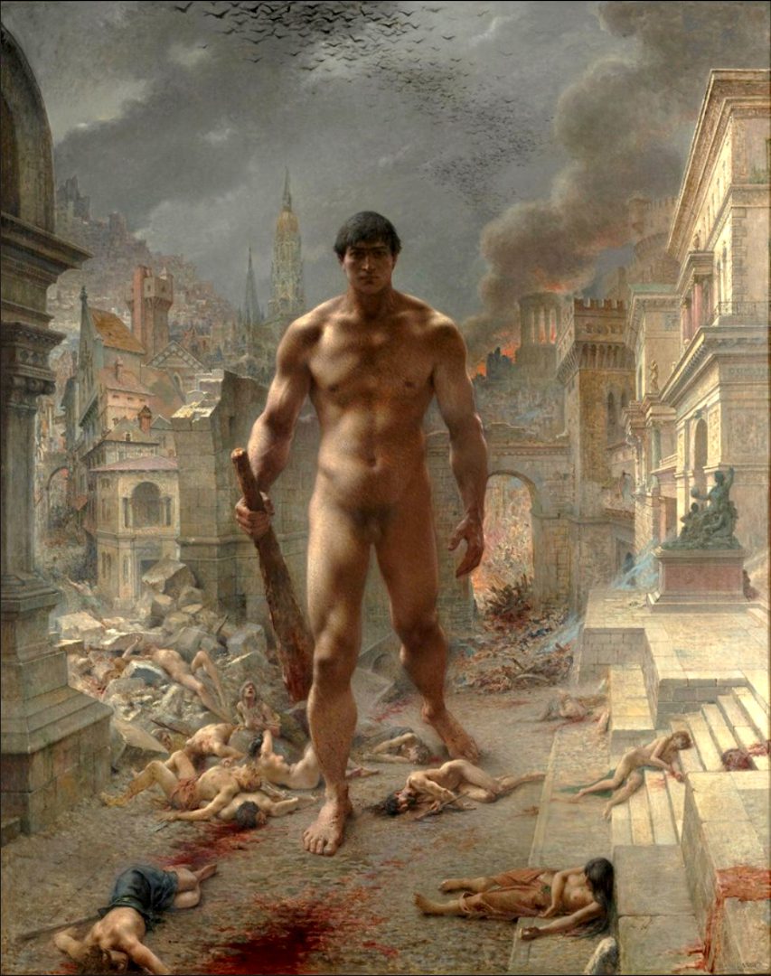 Symbolist oil painting Fléau ! by Henri-Camille Danger depicting a colossal nude figure as an allegory of destruction, standing over a ruined city in a dramatic, smoke-filled landscape.