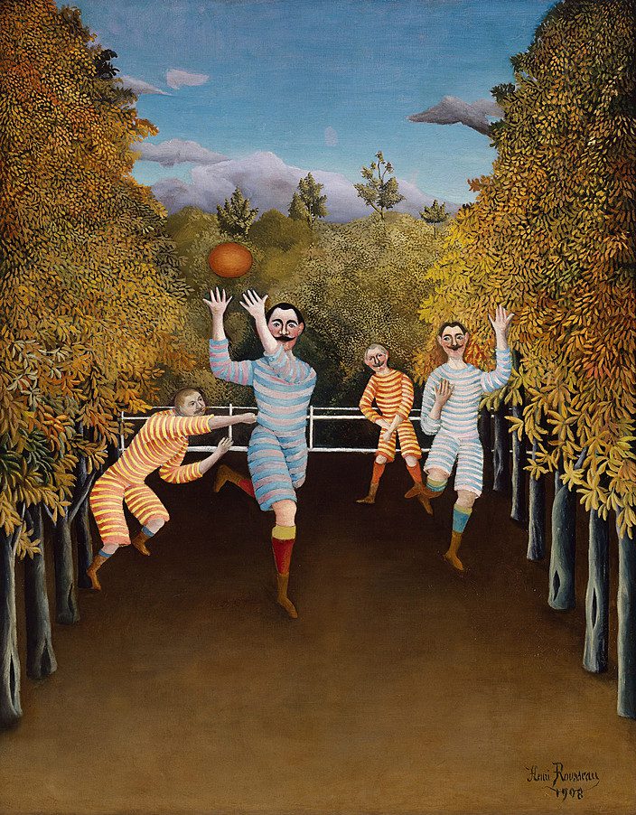 Naive art oil painting by Henri Rousseau showing four men in striped athletic suits playing with a ball in a forest clearing surrounded by autumnal trees.