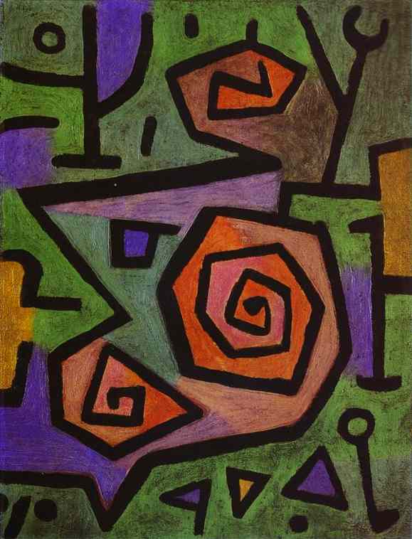 Abstract painting Heroic Roses by Paul Klee featuring thick black spiral lines representing roses on a background of green, purple, and orange geometric fields.