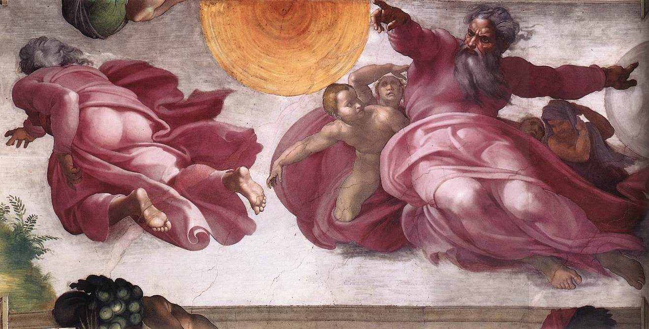 Michelangelo's fresco from the Sistine Chapel showing God creating the sun and moon with outstretched arms, and a secondary view of Him from behind creating plants.