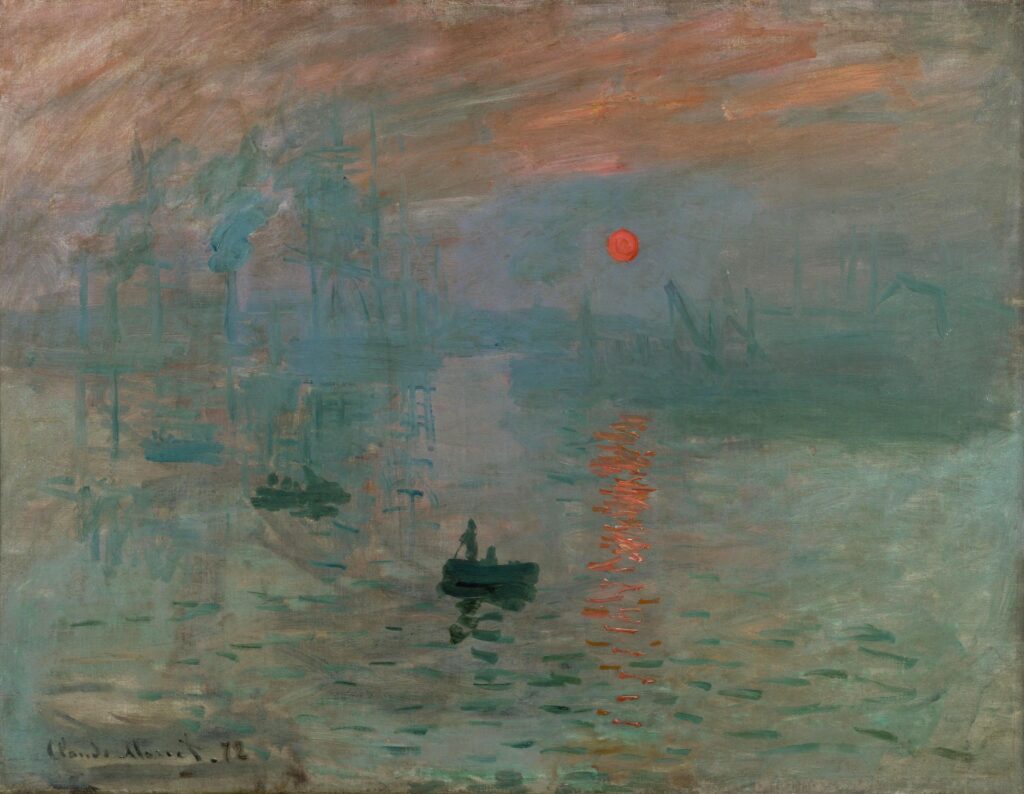 Claude Monet's oil painting Impression, Sunrise, showing a hazy blue harbor at dawn with a small orange sun and its reflection on the water.