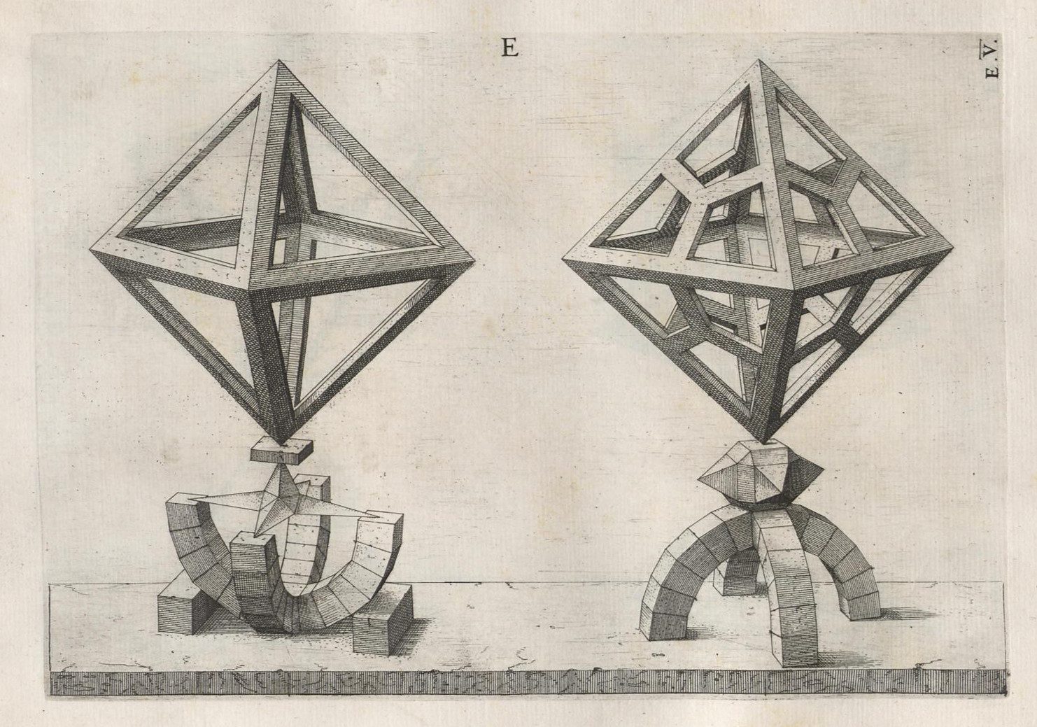 16th-century perspective engraving by Wenzel Jamnitzer showing two complex geometric polyhedrons, or Platonic solids, balanced on intricate architectural pedestals.