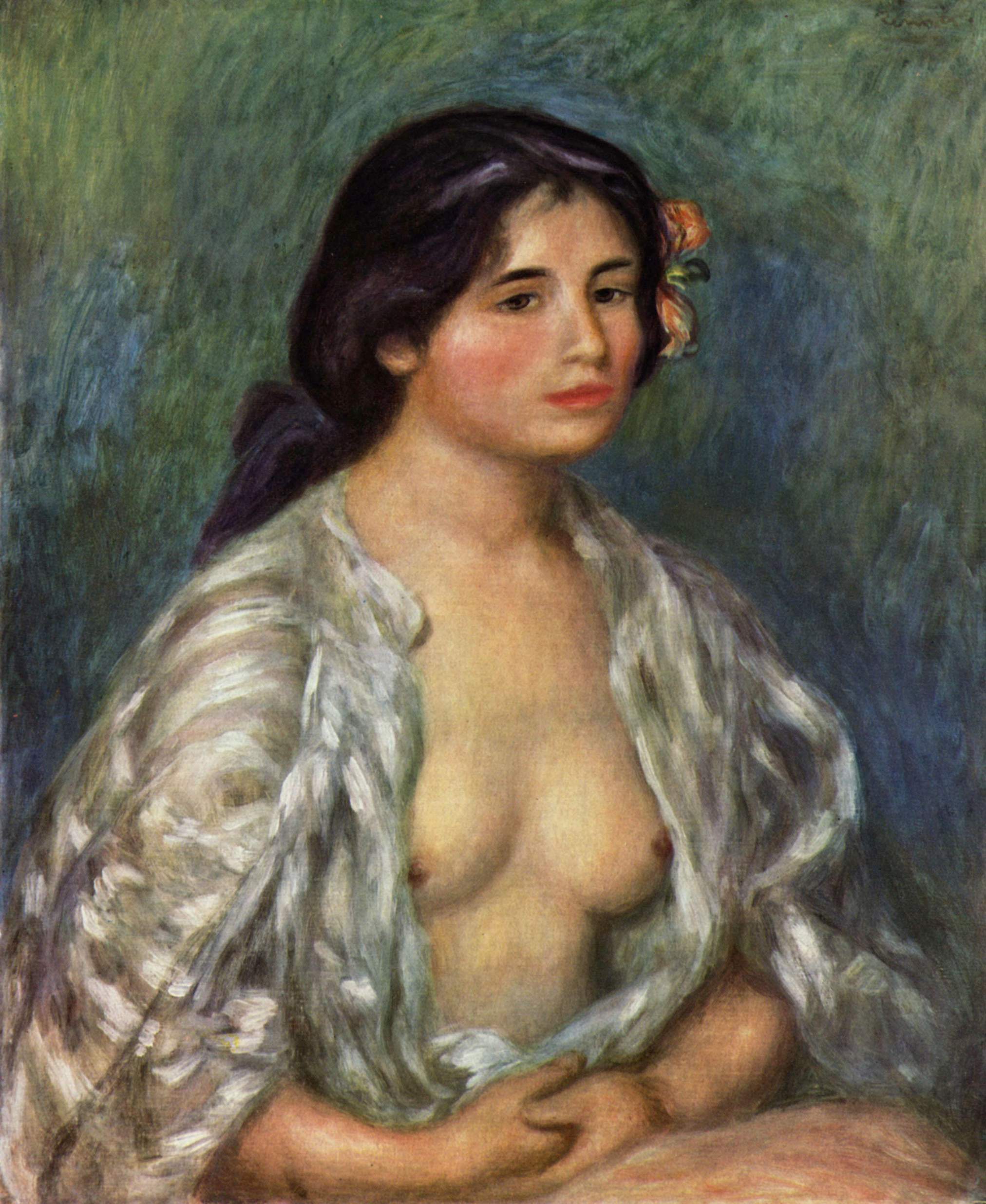 Impressionist oil painting Gabrielle with Open Blouse by Pierre-Auguste Renoir, showing a woman with dark hair and a flower behind her ear, wearing a loose, sheer white top.