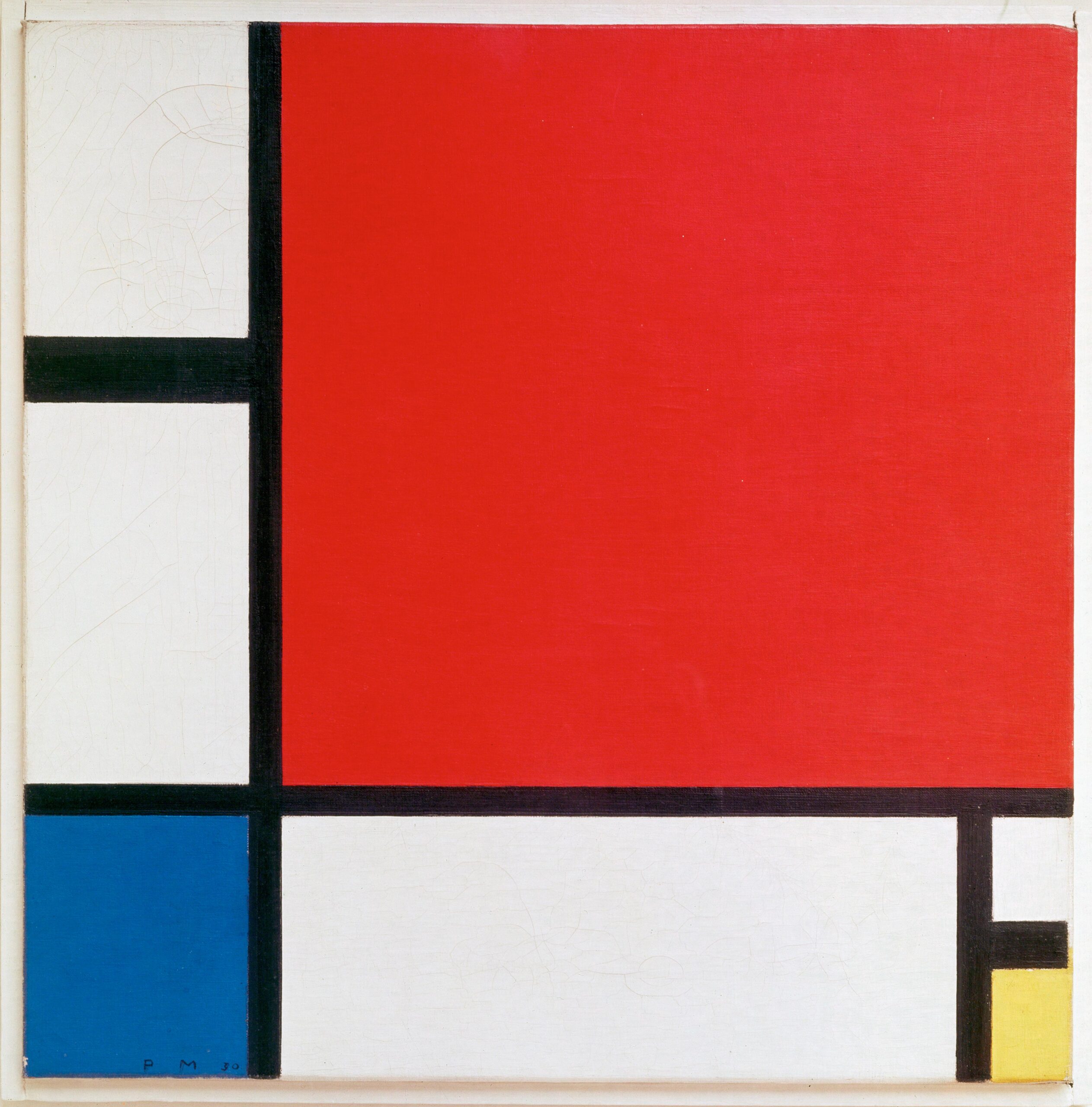 Minimalist abstract painting by Piet Mondrian featuring a large red square, a small blue square, and thick black horizontal and vertical lines on a white background.