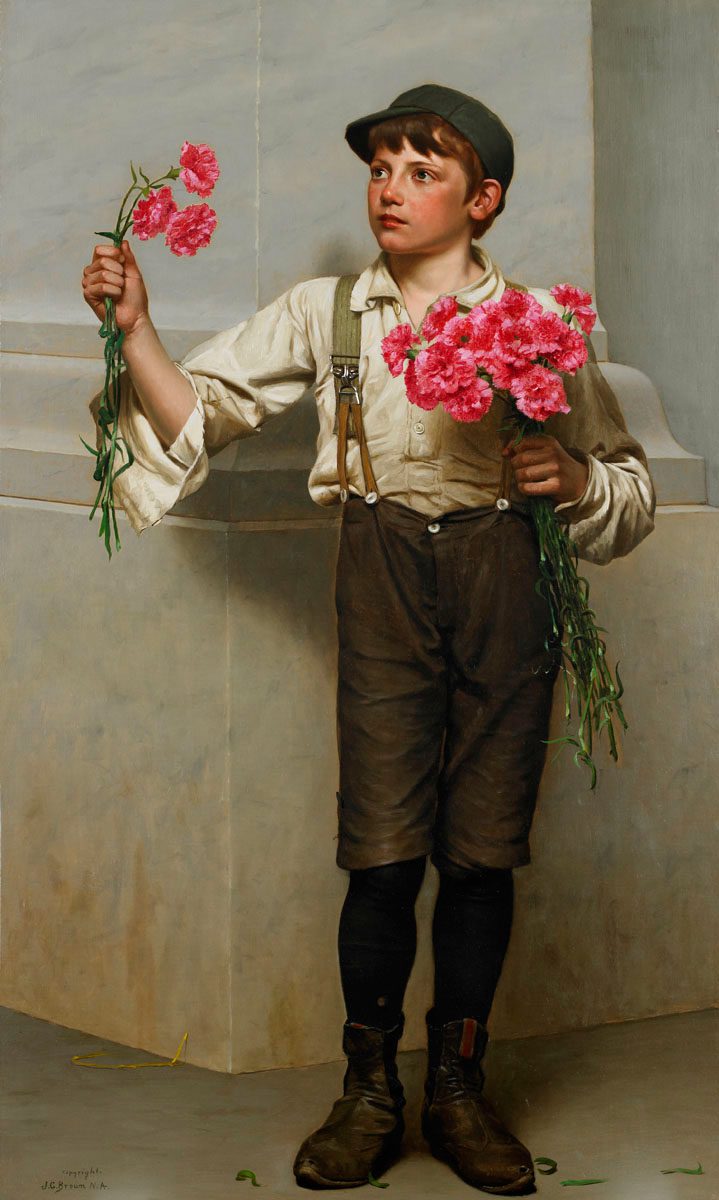 Realist oil painting by John George Brown showing a young boy in a cap and suspenders, holding bunches of pink carnations, wearing sturdy brown boots and textured trousers.