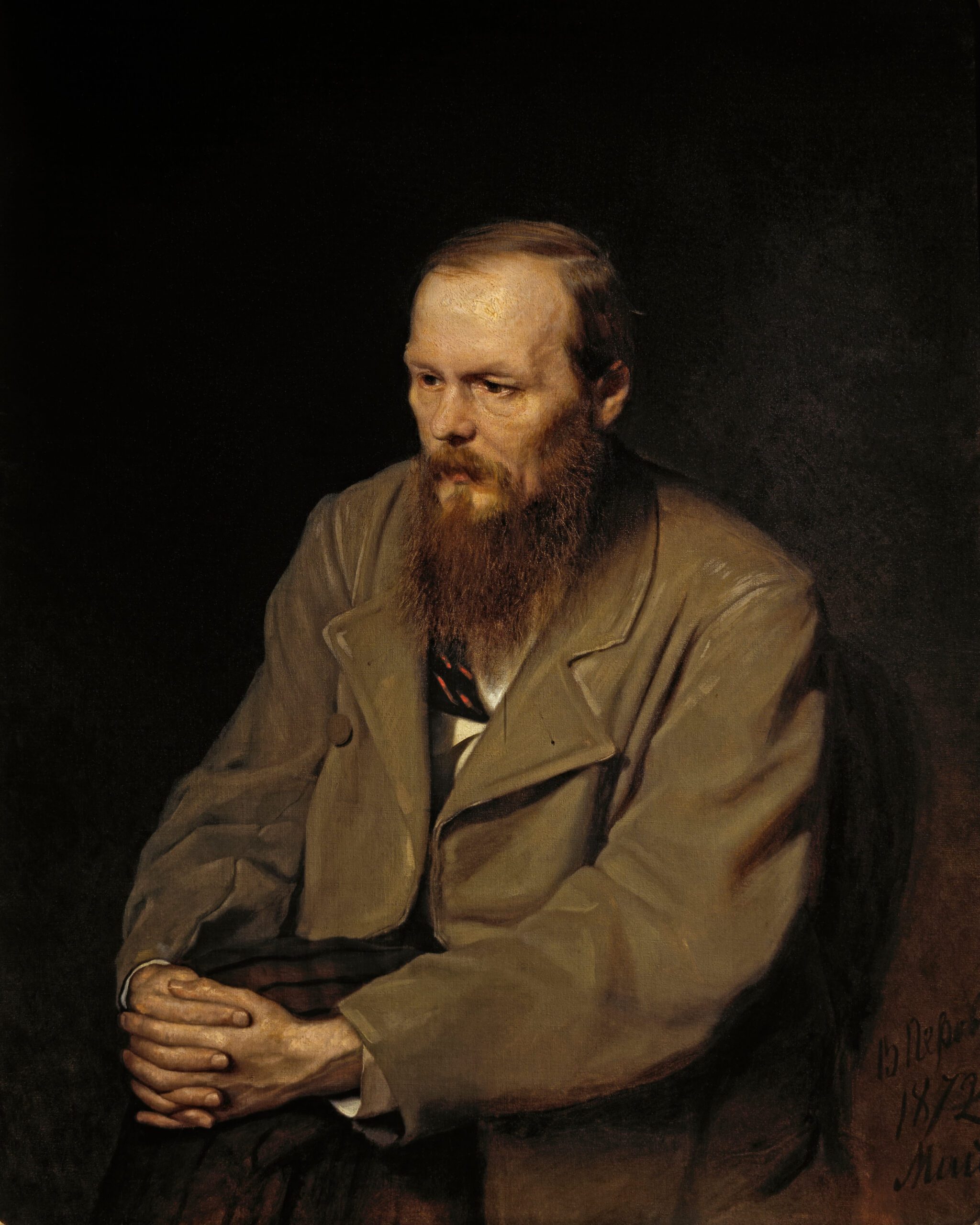 Realist oil painting by Vasily Perov showing the writer Fyodor Dostoevsky sitting with clasped hands, wearing a heavy, textured brown coat against a dark background.