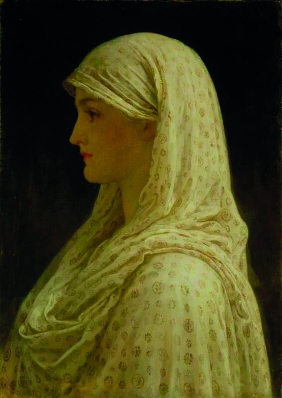 Classical oil painting The Vestal by Frederic Leighton, showing a woman in profile with a large, cream-colored patterned veil draped over her head like a soft hood against a dark background.