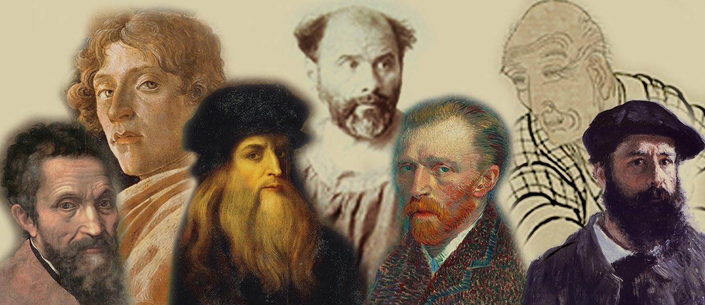 Art history collage featuring portraits of Michelangelo, Botticelli, Leonardo da Vinci, Cรฉzanne, Van Gogh, Hokusai, and Monet.