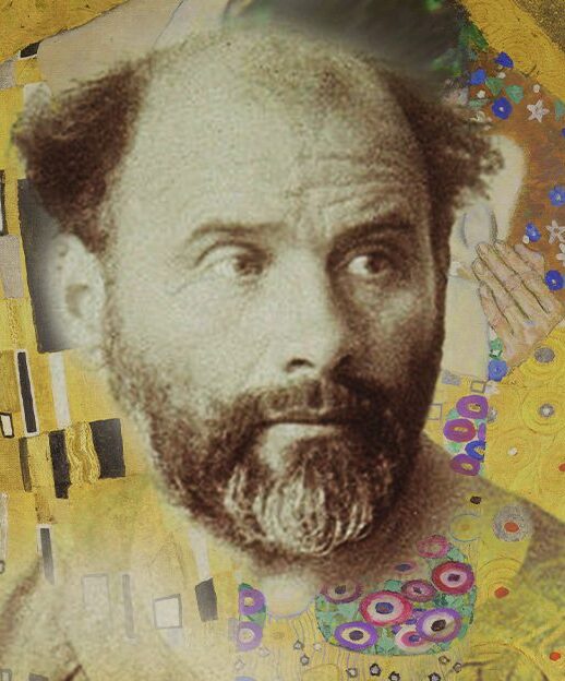 Artistic portrait of Gustav Klimt featuring the golden patterns and embracing couple from his masterpiece The Kiss blurred in the background.