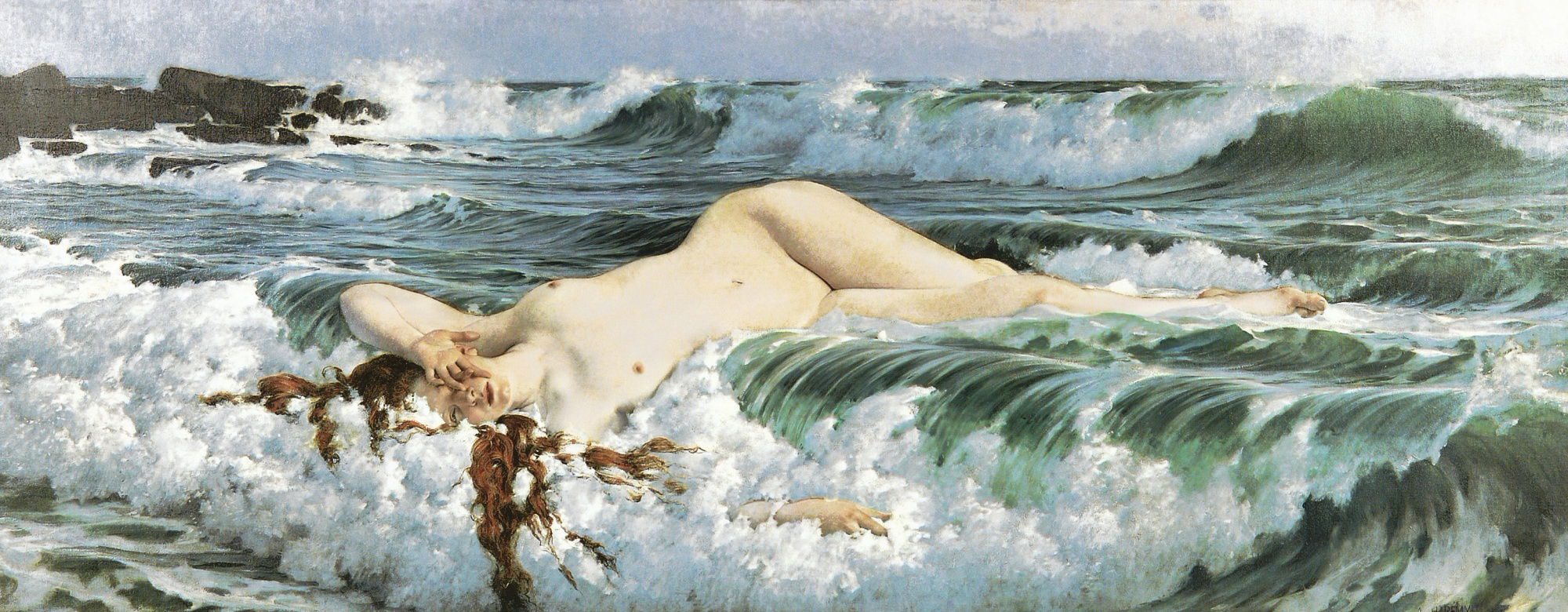 "Adolf Hiremy-Hirschl's painting of Aphrodite, showing the nude goddess with reddish hair reclining in the white foam of ocean waves.