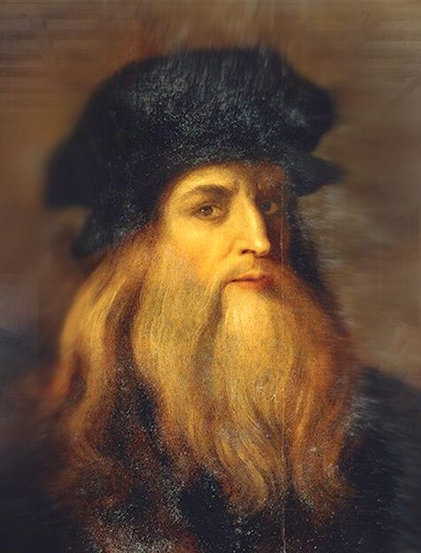 Artistic portrait of Leonardo da Vinci with his characteristic beard and hat, featuring 'The Last Supper' mural blurred in the background in a warm, atmospheric style.