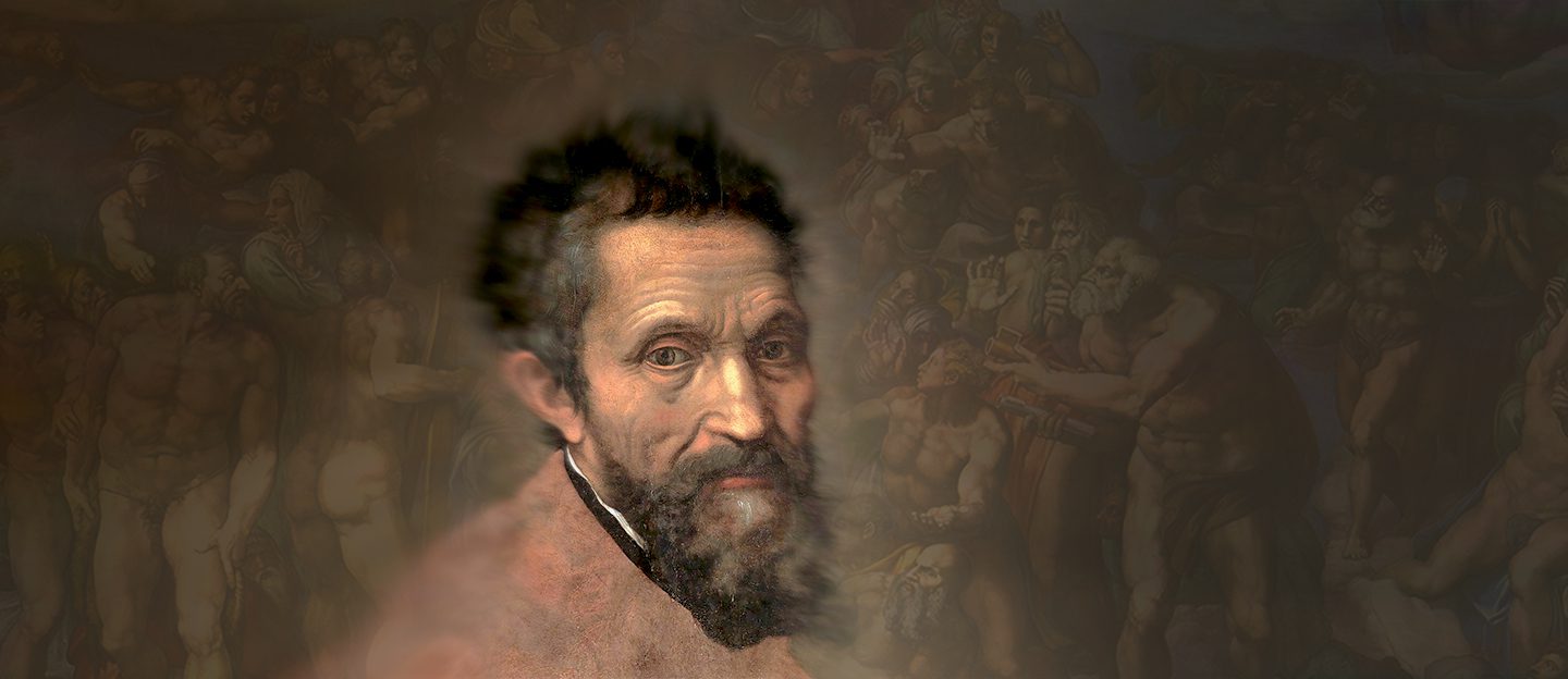 Portrait of Michelangelo Buonarroti featuring his characteristic beard and intense gaze, with a background of his Sistine Chapel frescoes in a soft, atmospheric style.