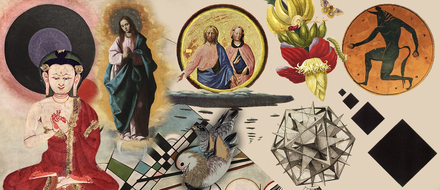 Artistic collage featuring a Buddha figure, a Renaissance Madonna, Christ in a golden circle, a Greek Minotaur, botanical flowers, a geometric polyhedron, and Kandinsky-style abstract elements.