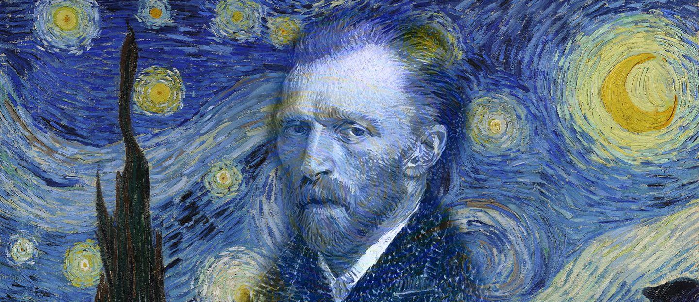 Artistic composite of Vincent van Gogh’s self-portrait over the swirling blue and yellow night sky of his masterpiece, The Starry Night.
