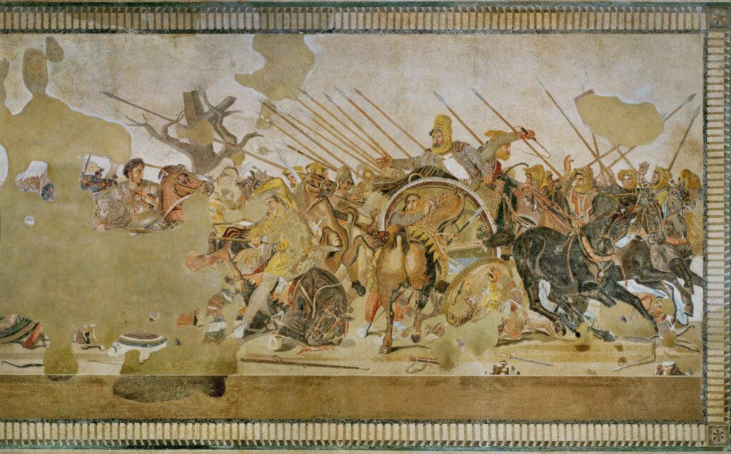 Ancient Roman floor mosaic from Pompeii depicting Alexander the Great confronting Darius III of Persia during the Battle of Issus.