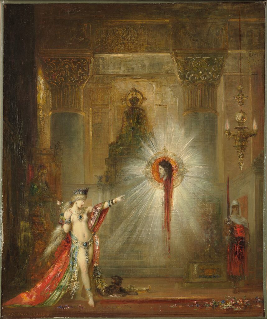 The Apparition 1876 Symbolist painting by Gustave Moreau showing Salome pointing at the glowing floating head of John the Baptist, perfect for exotic canvas art and posters.