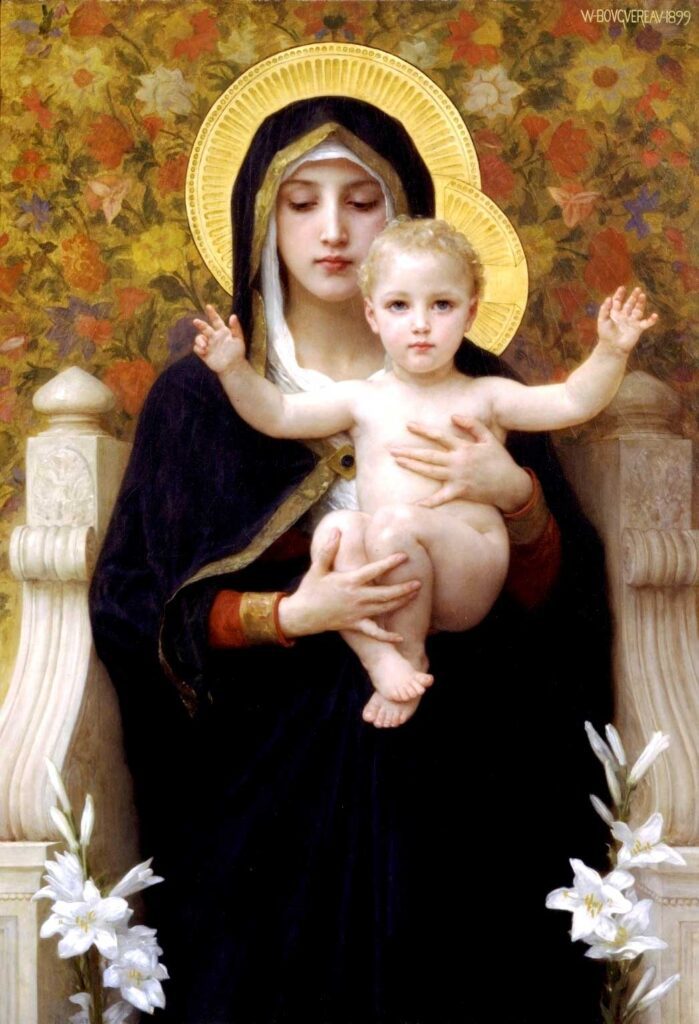 Masterpiece by William-Adolphe Bouguereau showing the Virgin Mary in a dark robe holding the Christ Child, surrounded by white lilies and a golden floral background.