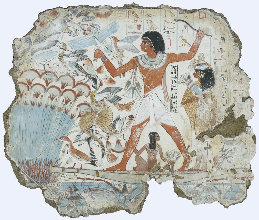 Ancient Egyptian fresco from the Tomb of Nebamun depicting Nebamun hunting birds in a papyrus marsh with his family and a hunting cat.