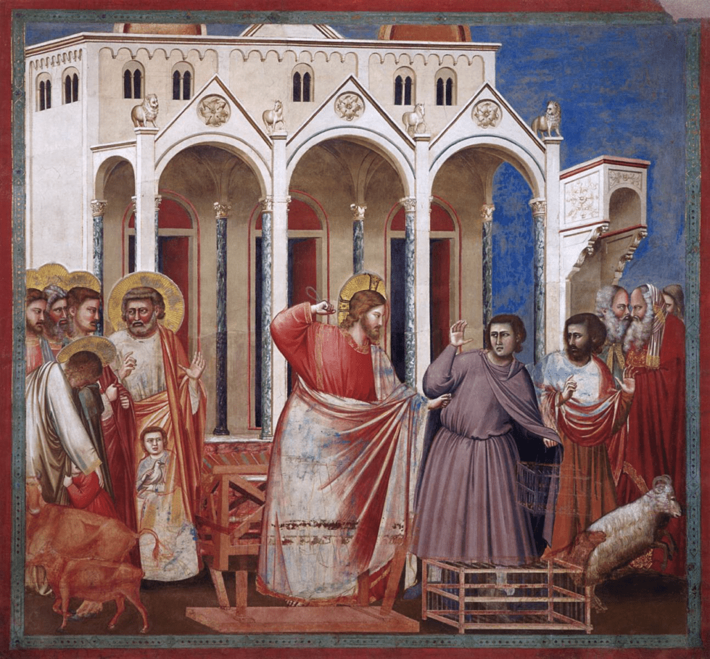 Proto-Renaissance fresco by Giotto depicting Jesus cleansing the temple by driving out money-changers and animals under a marble portico.