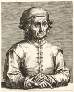 Historical 16th-century engraving portrait of Northern Renaissance painter Hieronymus Bosch wearing a traditional cap.