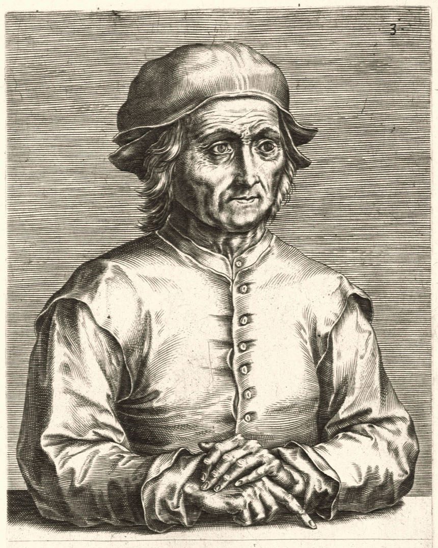 Historical 16th-century engraving portrait of Northern Renaissance painter Hieronymus Bosch wearing a traditional cap.