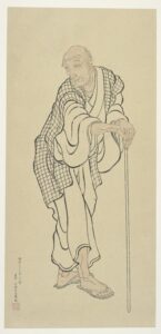 apanese ukiyo-e woodblock print style drawing of artist Katsushika Hokusai as an old man leaning on a staff.