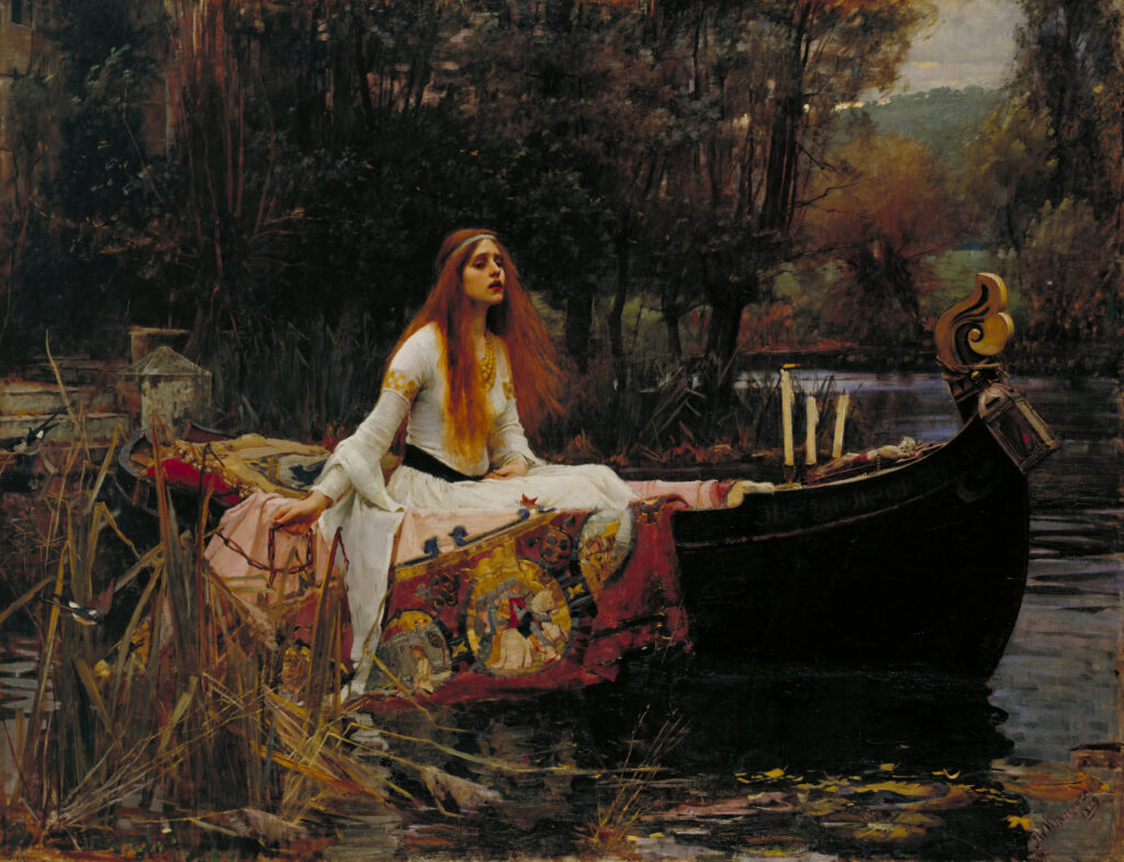 The Lady of Shalott 1888 oil on canvas painting by John William Waterhouse depicting a red-haired woman in a boat.