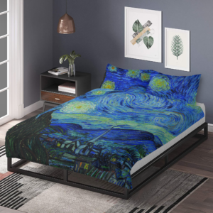 Main view of a premium all-over print bedding set featuring Vincent van Gogh's painting The Starry Night on a modern bed setup.