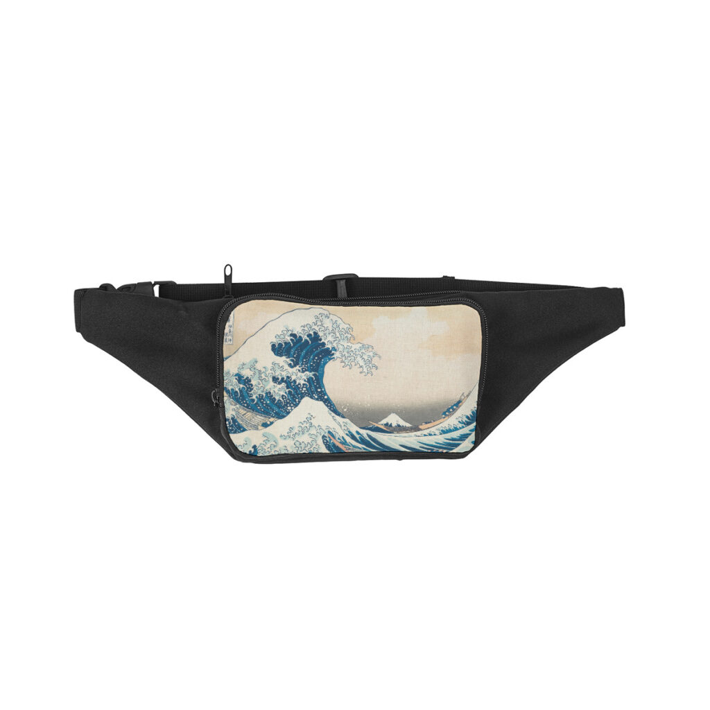 Front view of a premium black canvas waist pack featuring a high-definition single-sided print of Katsushika Hokusai's woodblock print The Great Wave off Kanagawa.