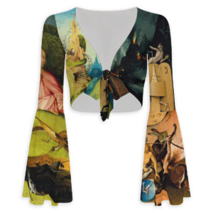 Front view of an all-over print flare sleeve crop top featuring the complete Hieronymus Bosch triptych with Paradise and Hell panels.