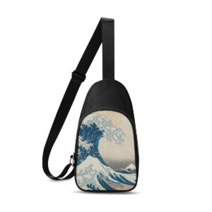 Front view of a premium black canvas chest sling bag featuring a high-definition single-sided print of Katsushika Hokusai's woodblock print The Great Wave off Kanagawa.