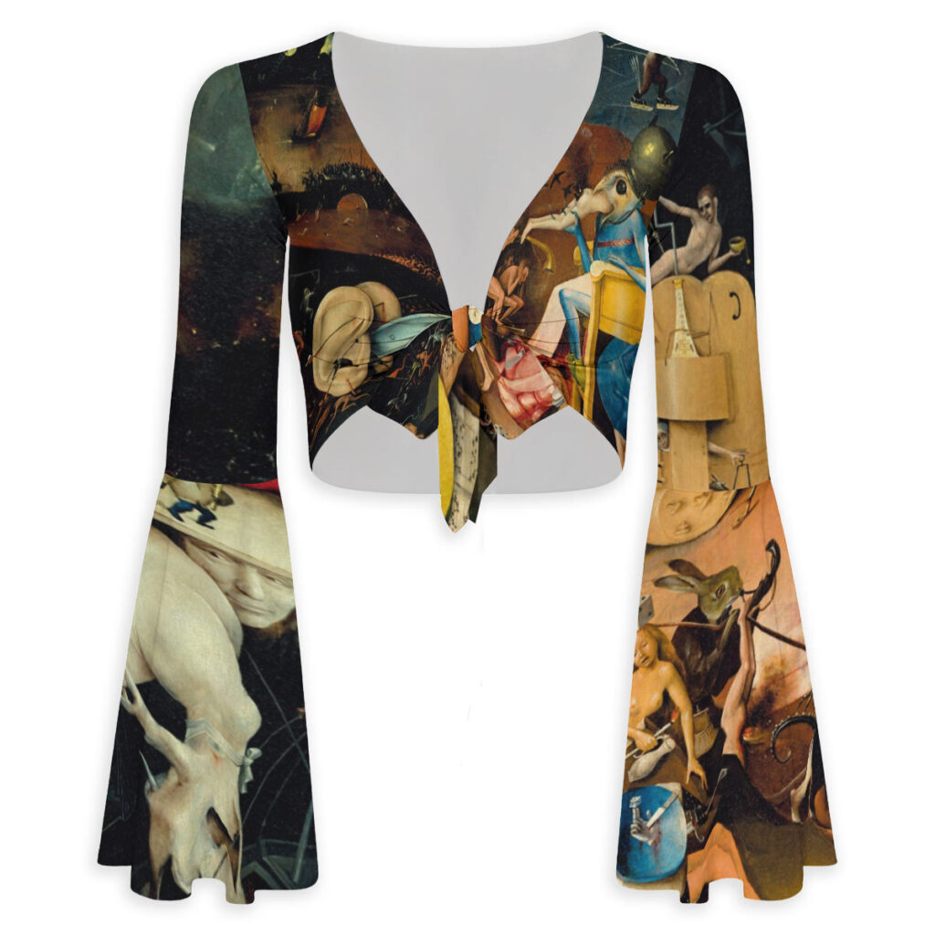 Front view of an all-over print flare sleeve crop top featuring Hieronymus Bosch's Hell panel from The Garden of Earthly Delights