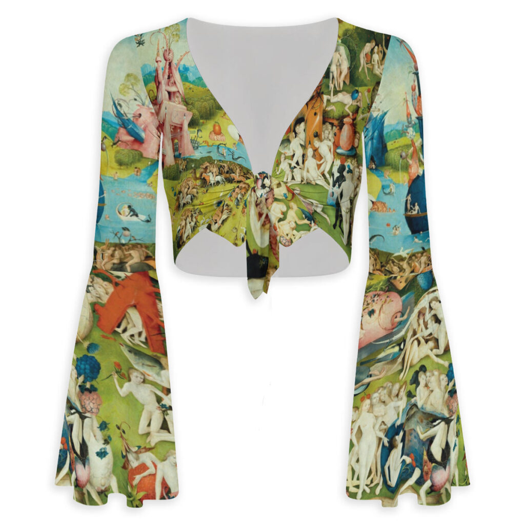Front view of an all-over print flare sleeve crop top featuring Hieronymus Bosch's central Earth panel from The Garden of Earthly Delights