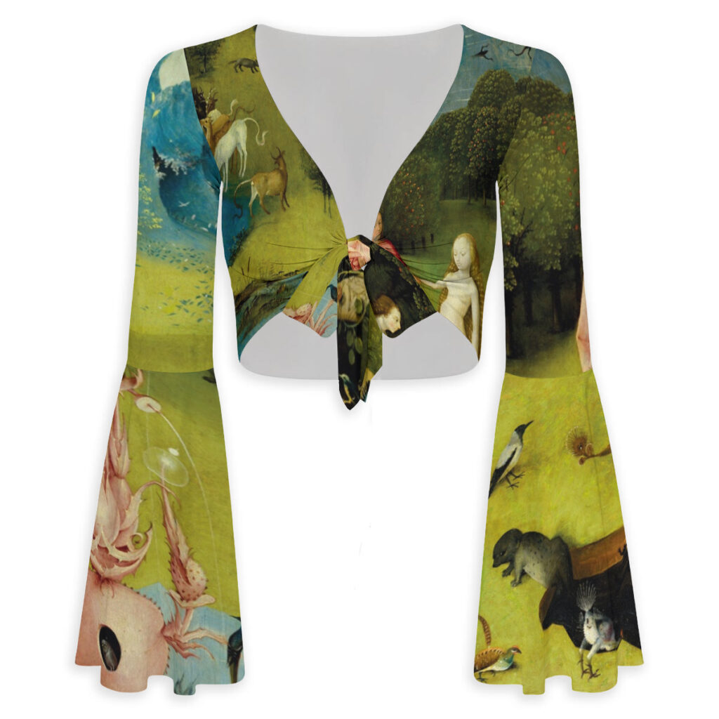 Front view of an all-over print flare sleeve crop top featuring Hieronymus Bosch's Paradise panel from The Garden of Earthly Delights