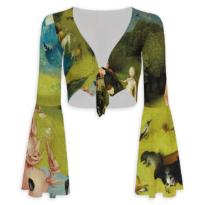 Front view of an all-over print flare sleeve crop top featuring Hieronymus Bosch's Paradise panel from The Garden of Earthly Delights