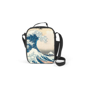 Front view of a premium black one-shoulder square satchel bag featuring a high-definition single-sided print of Katsushika Hokusai's woodblock print The Great Wave off Kanagawa.