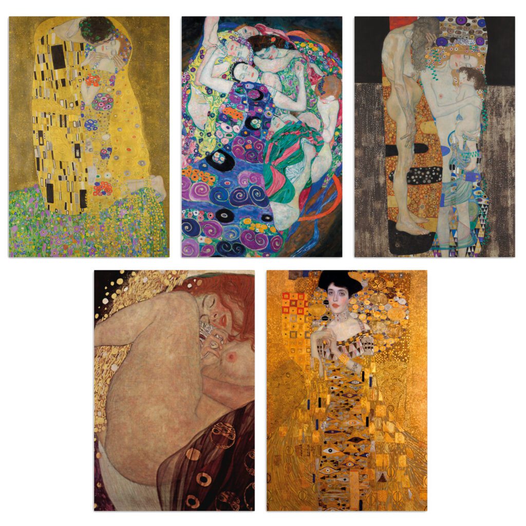 Front view layout of the Gustav Klimt curated fine art postcard box set featuring five iconic masterpieces including The Kiss, The Maiden, and Adele Bloch-Bauer I.