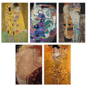 Front view layout of the Gustav Klimt curated fine art postcard box set featuring five iconic masterpieces including The Kiss, The Maiden, and Adele Bloch-Bauer I.