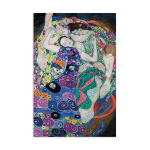 Front view of a premium 4x6 art history greeting card featuring Gustav Klimt's 1913 expressionist masterpiece The Maiden.
