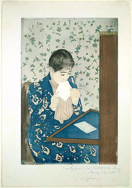 Front view of a premium art history notebook and greeting card featuring Mary Cassatt's 1890 impressionist painting The Letter.