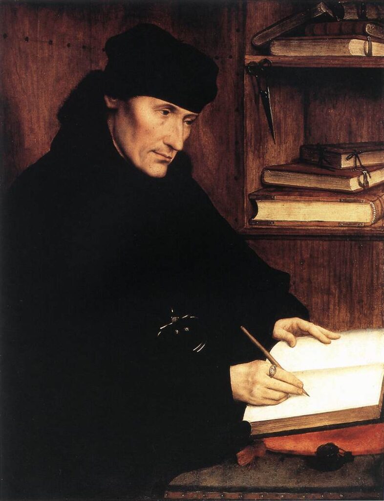 Front view of a premium art history notebook and greeting card featuring Quentin Matsys's 1517 painting Portrait of Erasmus of Rotterdam Writing.