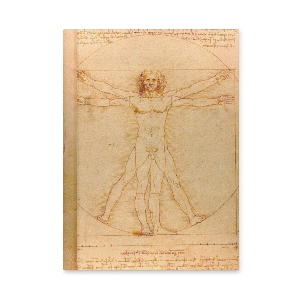 Front view of a premium matte hardcover notebook featuring Leonardo da Vinci's drawing The Vitruvian Man.